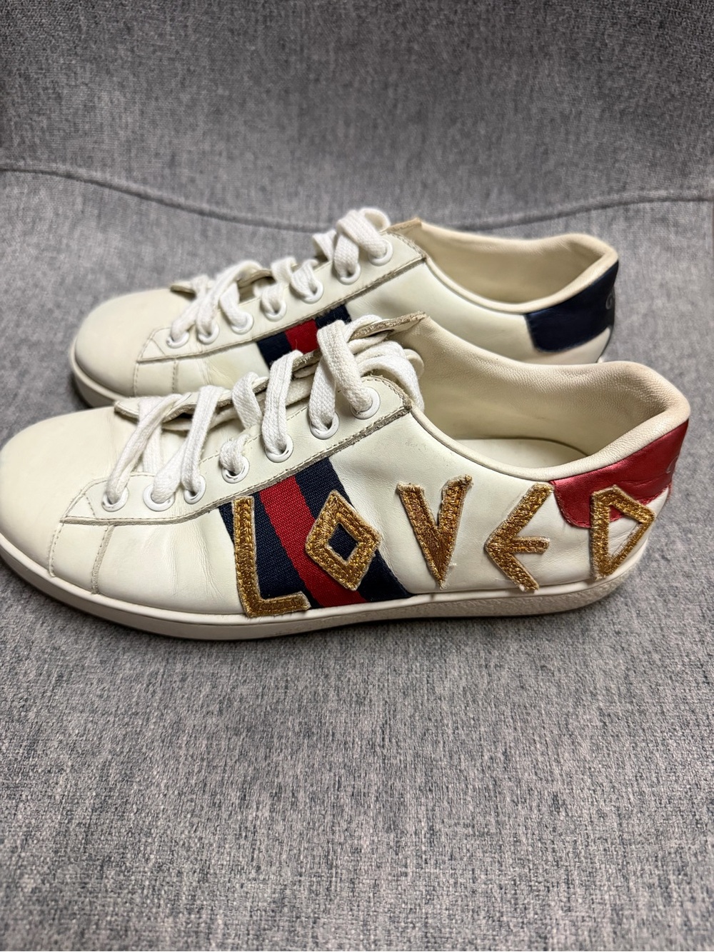 White Leather 'Loved' Low-Top Sneakers with Red & Blue Stripe
